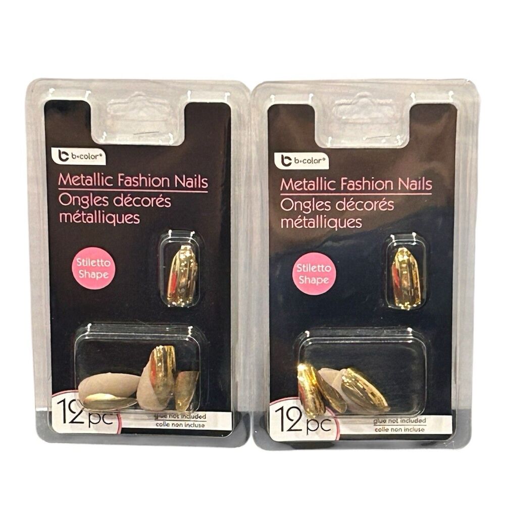 2X b•color Metallic Fashion Press-On Nails 12ct Each Stiletto Shape Glue Not Inc